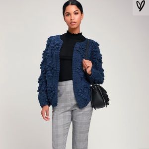 Navy Blue Knit Pom Pom Cardigan Sweater